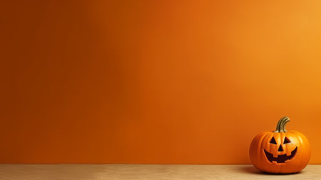 Halloween pumpkins on orange background with copy space. Horizontalの素材