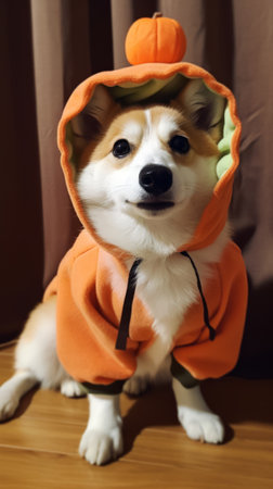 Cute Welsh corgi dog in a Halloween costume with a pumpkinの素材