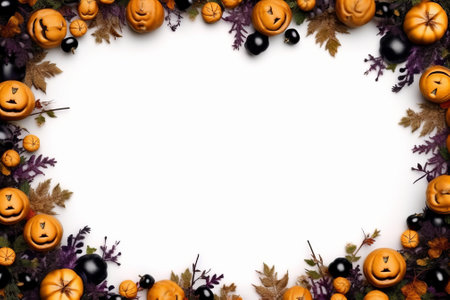Halloween background with pumpkins and autumn leaves on a white backgroundの素材