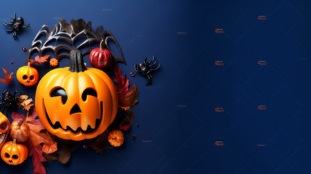 Halloween pumpkins and spider on dark blue background. Space for textの素材