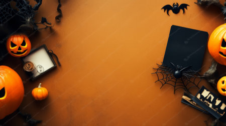 Halloween background with pumpkins, spiders and bats on wooden tableの素材