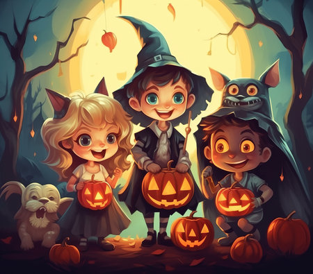 Halloween kids with pumpkins and jack o lanterns in dark forest illustrationの素材