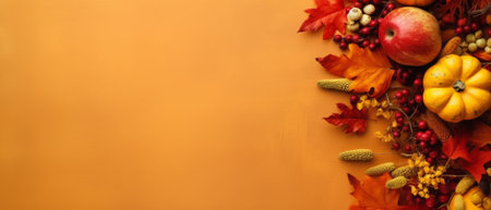 Autumn background with pumpkins, leaves and berries. Top view.の素材