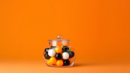 Colorful candies in glass jar on orange background, copy spaceの素材