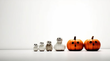 Halloween pumpkins and ghosts on a white background with copy spaceの素材