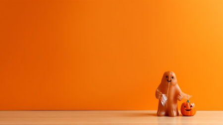 Halloween orange background with pumpkins and ghost, copy space.の素材