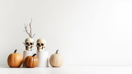 Halloween decoration with pumpkins and skulls on white background. Space for textの素材