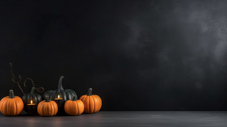 Halloween pumpkins with burning candles on black background with copy spaceの素材