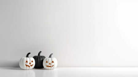 Halloween pumpkins in front of a white wall with copy spaceの素材