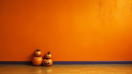 Halloween pumpkins on orange wall background, halloween conceptの素材