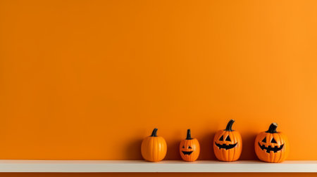Halloween pumpkins on shelf on orange wall background with copy spaceの素材