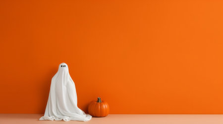 Halloween pumpkin with ghost and white cloth on orange background. Space for textの素材