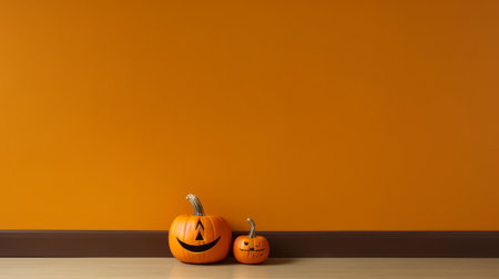 Halloween pumpkins on wooden table and orange wall background, copy spaceの素材