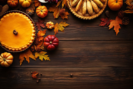 Autumn background with pumpkins, leaves and pie on wooden tableの素材