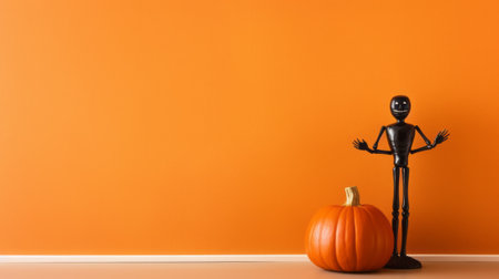 Halloween pumpkin and skeleton on orange background with copy space for text.の素材