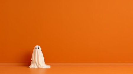 Halloween holiday concept. White ghost on orange background with copy spaceの素材