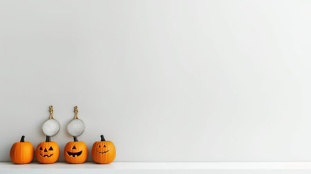 Halloween pumpkins on a white wall background with copy space.の素材