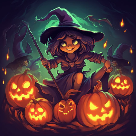 Halloween witch with pumpkins on dark background. Vector illustration.の素材