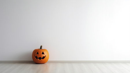 Halloween pumpkin in front of a white wall with copy space.の素材