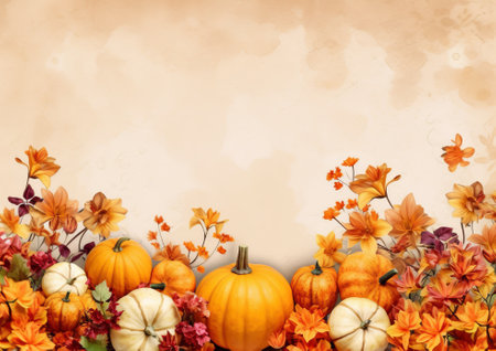 Autumn leaves and pumpkins on old paper background with copy spaceの素材