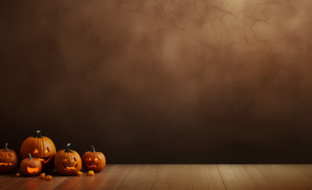 Halloween pumpkins on wooden floor with copy space. 3d illustrationの素材
