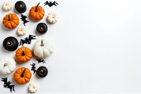 Halloween flat lay with pumpkins, spiders and bats on white backgroundの素材