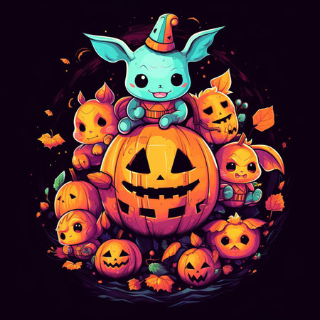 Halloween illustration with pumpkins, ghosts and monsters. Vector illustration.の素材