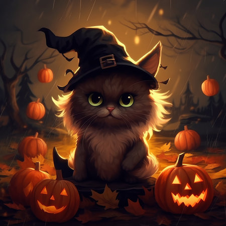 Halloween background with cat in witch hat and pumpkins - illustrationの素材
