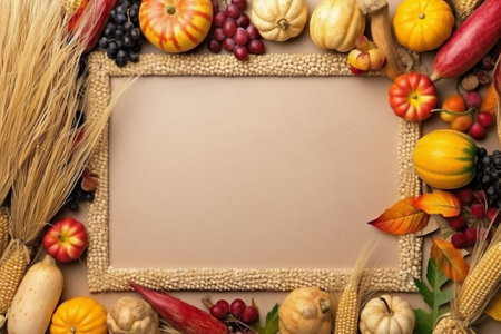 top view of frame made of autumn fruits and vegetables, copy spaceの素材