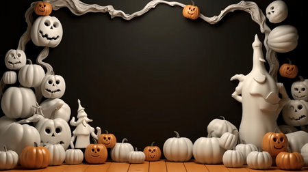Halloween background with pumpkins and ghosts. 3D illustration.の素材