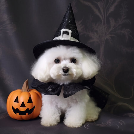 Halloween Bichon Frize puppy wearing a witch's hat with a pumpkinの素材
