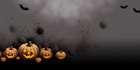 Halloween background with pumpkins and bats. Horizontal banner.の素材