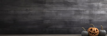 Halloween pumpkin on black wooden background, panoramic web bannerの素材