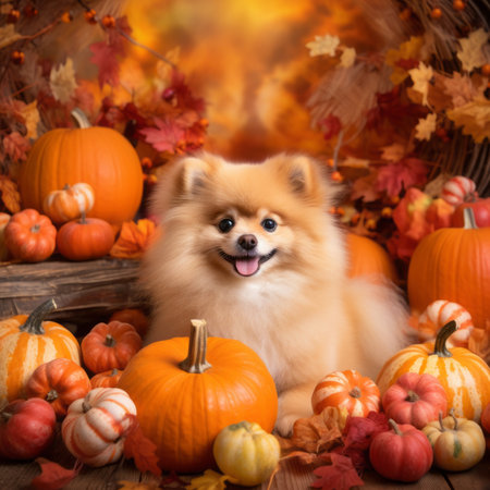 Pomeranian dog on a background of autumn leaves and pumpkinsの素材