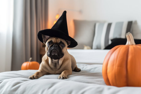 Pug dog in witch hat lying on the bed with pumpkinsの素材