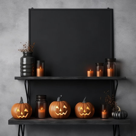Black shelf with halloween pumpkins and candles on concrete wall background. Mock up, 3D Renderingの素材