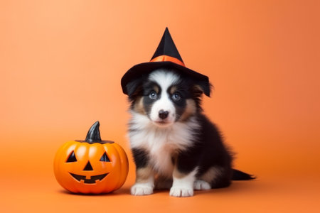 Cute puppy in witch hat with halloween pumpkin on orange backgroundの素材
