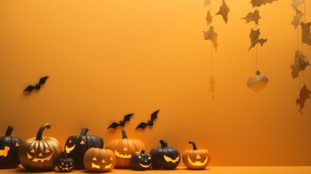 Halloween pumpkins and bats on orange background. 3d renderの素材
