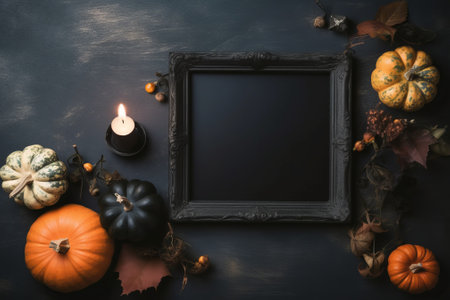 Black chalkboard with pumpkins, autumn leaves and burning candle on black backgroundの素材