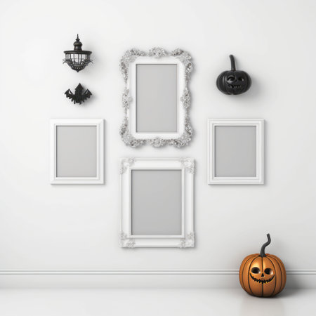 Halloween frame on white wall. 3d render. Empty room.の素材