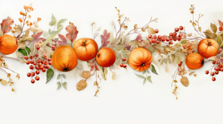 Autumn leaves and pumpkins on white background with copy space.の素材