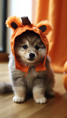 Cute Pomeranian puppy wearing Halloween costume with pumpkin on the backgroundの素材