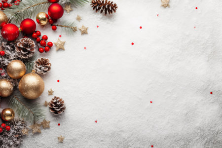 Christmas background with decorations and snow. Top view with copy space.の素材