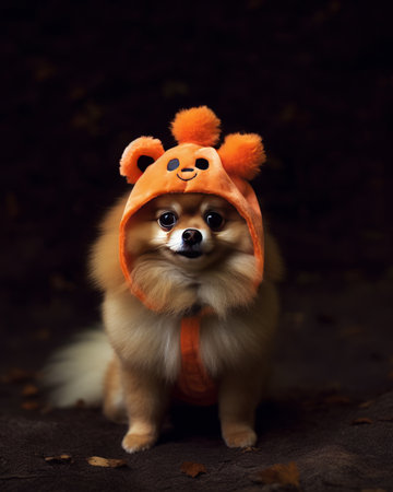 Cute Pomeranian dog in a funny orange hat on a dark backgroundの素材