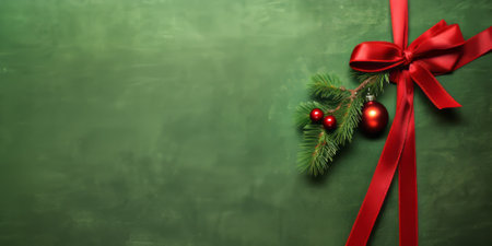 Christmas background with red ribbon, baubles and fir branches on green chalkboardの素材