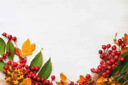 Autumn leaves and berries on a white wooden background with copy spaceの素材