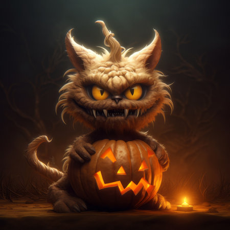 Funny Halloween cat with pumpkin and burning candles in the dark forestの素材