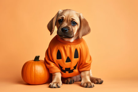 Cute puppy in halloween costume with pumpkin on orange backgroundの素材