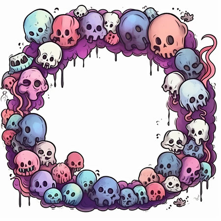 Frame with skulls and bones. Hand drawn vector illustration in cartoon style.の素材