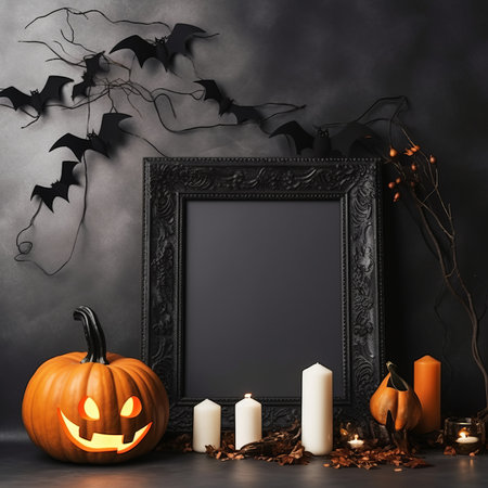 Halloween decorations with black frame, pumpkins, candles and bats. 3d renderingの素材